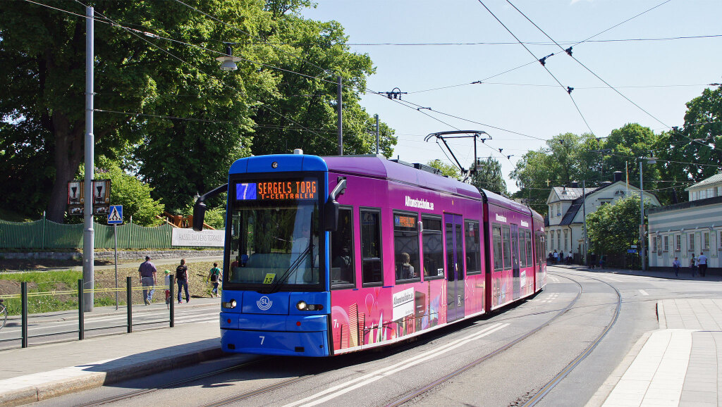 A tram in Stockholm, offering Metro service at a fraction of the cost.